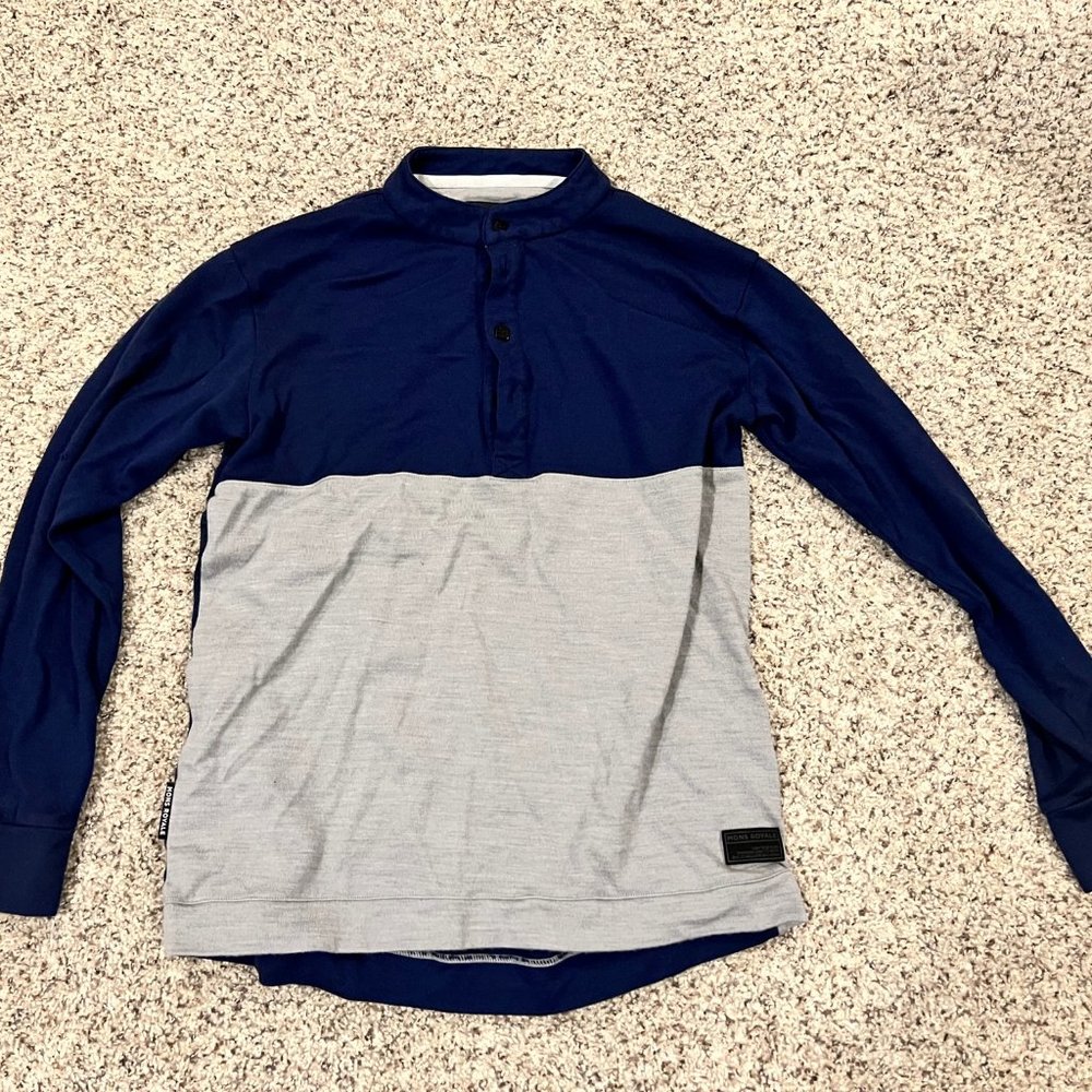 Mons Royale Men's 1/4 button merino wool ski sweater (Navy/ Grey)